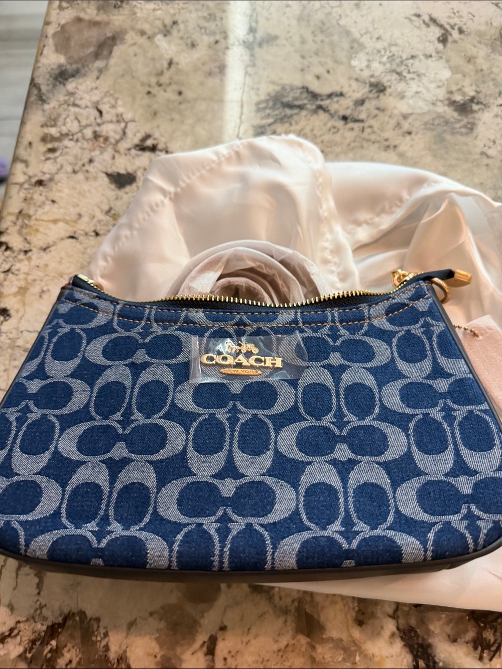Coach Navy Logo Jacquard Mini Shoulder Bag with Tan Strap - Picture 4 of 5
